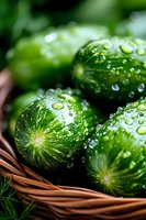 Fresh green cucumbers with water drops in woven basket. Macro shot showing detailed texture of wet cucumber skin and natural organic produce.
