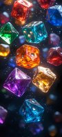 Colorful translucent dice floating in space with dramatic lighting effects, glowing from within against dark background, creating magical gaming atmosphere.