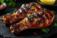 Grilled chicken drumsticks with caramelized glaze and char marks on black slate, garnished with fresh herbs and pink peppercorns in dark moody setting.
