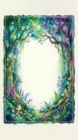 Watercolor enchanted forest frame with magical trees, flowers and foliage creating oval border on textured paper background for fairy tale designs.