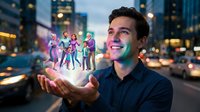 Young businessman holding glowing holographic team of diverse professionals in palm on city street at dusk representing leadership and human resources management.