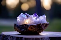 Purple amethyst crystals in wooden bowl on rustic surface with warm bokeh lights creating peaceful meditation and healing energy atmosphere.
