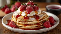 Stack of fluffy pancakes topped with fresh strawberries, whipped cream, maple syrup, and powdered sugar on white plate against rustic wooden background.