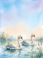 Two white swans glide gracefully across a serene lake surrounded by reeds and aquatic plants, rendered in soft watercolor tones with pastel blue and cream skies.