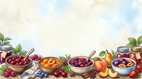 Assorted fresh berries and stone fruits in bowls with leaves on watercolor background, perfect for food, recipe, and culinary design projects.
