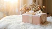 Elegant pink gift box with satin ribbon bow on fluffy white fur surface, soft sunlight and flowers in background, romantic holiday present.