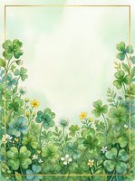 Watercolor shamrock border with gold frame and copy space, featuring clover leaves and wildflowers for St. Patricks Day cards and invitations.
