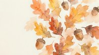Watercolor autumn oak leaves and acorns in warm orange, yellow and brown tones scattered on light background for seasonal design projects.