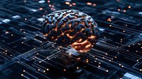 Glowing metallic brain on circuit board background with orange light effects and digital patterns, representing artificial intelligence and machine learning.