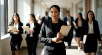 Confident African American businesswoman leading team in modern office corridor holding documents with diverse professional colleagues in background.