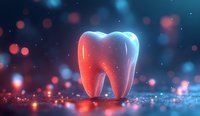 Glowing tooth on dark background with red and blue bokeh lights creates magical dental care concept for medical and healthcare designs.