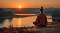Young woman practicing meditation on rocky cliff overlooking serene lake at golden sunset, peaceful mindfulness and wellness lifestyle concept.