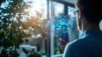 Man looking at futuristic holographic digital interface projection with glowing blue network connections in home environment with natural light.