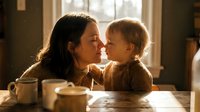 Young Caucasian mother and toddler sharing a tender nose-to-nose moment at a sunlit kitchen table, radiating warmth and family love.
