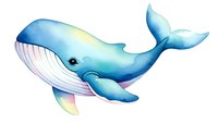 Watercolor blue whale with gradient colors isolated on white background for marine themed designs and educational materials.