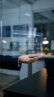 Businessman holding holographic digital interface with network diagram and connected icons in modern office environment for technology solutions.