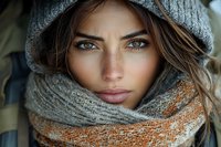 Young woman with striking blue eyes wearing gray knit winter hat and cozy scarf wrapped around neck, close-up portrait showing natural makeup and brown hair.