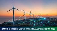 Wind turbines with digital network overlay at sunset showcasing smart grid technology for sustainable renewable energy solutions and power distribution.