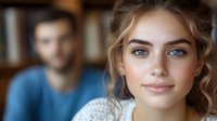 Young woman with bright blue eyes and natural makeup smiling at camera, with soft bokeh background and male figure blurred in background. Professional portrait.