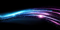 Glowing neon light trails with sparkling particles create dynamic curved paths against dark background, blue and pink colors blend in cosmic motion effect.