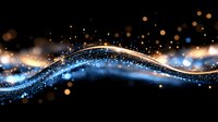 Magical glowing wave with sparkling blue light trail and golden bokeh particles on black background, abstract festive design for celebrations and events.