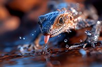 Close-up macro photograph of blue and orange lizard drinking water with droplets splashing, dramatic lighting and bokeh effect creates artistic nature scene.