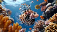 Majestic lionfish swimming in vibrant coral reef environment with orange and yellow corals in deep blue ocean waters, showcasing natural underwater marine life.