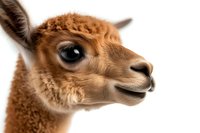 Close up portrait of brown baby alpaca head with soft fuzzy fur and large expressive eye against white background, isolated studio shot for design projects.