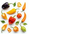 Colorful hot chili peppers collection with fresh basil leaves isolated on white background for cooking and spice design projects.
