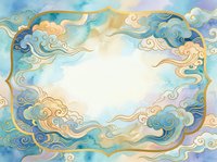 Ornate cloud frame with swirling decorative elements in blue and gold watercolor style creates elegant border for text or design projects.