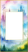 Watercolor fairy tale frame with castle, forest and magical creatures. Gold border surrounds blank space for text or photos. Fantasy invitation template.