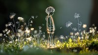 Young boy standing among glowing wildflowers and dandelions at dusk, artistic line drawing style mixed with magical nature photography, dreamy atmosphere.