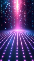 Futuristic neon light stage with glowing pink and blue dots forming perspective lines while magical particles fall from above creating dreamy atmosphere.