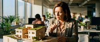 Male architect with long brown hair and light skin tone examining architectural models in modern office with colleagues and plants in background.