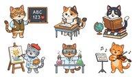 Cartoon cats engaged in various educational and creative activities including teaching, reading, painting, science experiments, and music on isolated white background, suitable for children's educational materials, classroom decor, and learning-themed designs.