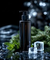 Black cosmetic bottle with pump dispenser on dark background with ice cubes, fresh mint leaves and water drops, bokeh lights creating spa atmosphere.