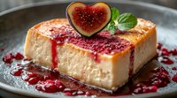 Creamy cheesecake slice with fresh fig heart garnish and raspberry sauce drizzle on plate, topped with mint leaf, romantic dessert presentation.