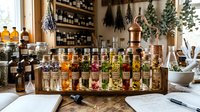 Wooden rack with labeled glass vials of colorful dried herbs and flowers in a rustic apothecary workshop with distiller and mortar.
