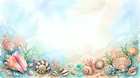 Watercolor seashells and coral border frame with soft pastel colors on white background for summer beach themed designs and coastal decorations.