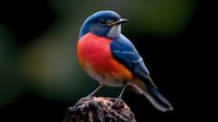Male Rose-breasted Chat perched on branch against dark background, displaying vibrant blue and orange plumage in sharp detail, suitable for nature publications and wildlife articles.