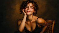 Young attractive woman with curly hair smiling warmly while resting chin on hand in cozy indoor setting with golden lighting for lifestyle photography.