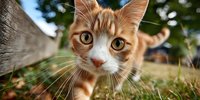 Curious orange tabby cat with white markings exploring outdoors, looking directly at camera with bright eyes against natural grass background.