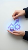 Caucasian hands in dark business attire holding glowing purple upward arrow and gear symbols, representing growth, optimization, and business development strategy.