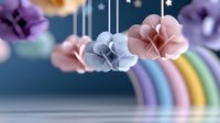 Delicate paper flowers in pastel pink and purple hanging from strings with soft rainbow arch in background creating dreamy nursery or party decoration atmosphere.