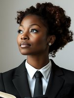 Young African American businesswoman in black suit and tie with natural curly hair updo looking confidently away, professional studio portrait against light background.