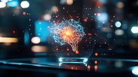 Glowing digital brain hologram with neural network connections floating over reflective surface amid blurred bokeh lights in dark futuristic setting.