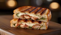 Grilled panini sandwich with melted cheese, tomatoes and herbs on wooden cutting board in restaurant kitchen setting for food service menu.