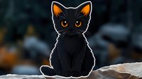 Adorable black kitten with glowing orange eyes and ears sits on stone, backlit with dramatic lighting creating luminous outline effect. For children's books and pet designs.
