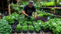 Middle-aged Hispanic male gardener in black apron tending to organic seedlings and plants in greenhouse nursery. Sustainable agriculture and plant cultivation concept.
