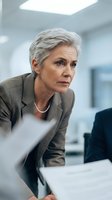 Senior woman with short gray hair and Caucasian ethnicity wearing brown blazer and pearl necklace in modern office setting. Suitable for corporate, business leadership, and professional themes.